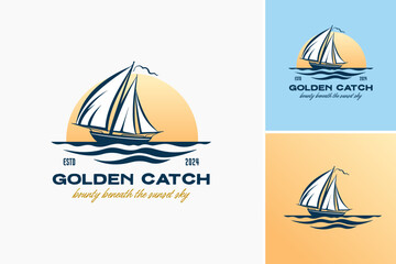 golden catch logo with a sailboat in the ocean. perfect for seafood restaurants, fishing charters, m