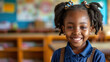 © Julia Zarubina - Little African American schoolgirl in school class, cute black girl, diversity, study, education, smart child, kid, children, knowledge, chalkboard, portrait, people, person, curly hair, student