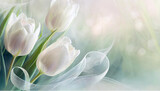 Fototapeta Tulipany - Białe kwiaty, tulipany na pastelowym tle, puste miejsce, tapeta