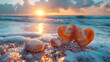 Heart-shaped seashells on the seashore at the sunset