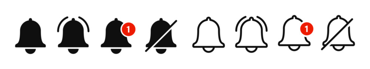 Notification bell icon for incoming inbox message. Vector ringing bell and notification number sign for alarm clock and smartphone application alert