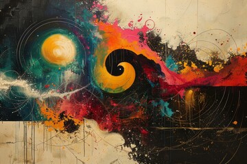 Poster - Abstract doodles, spirals, vibrant colors explode on textured canvas, creating a dynamic visual feast.