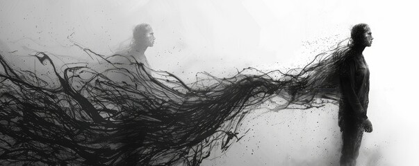 Poster - Abstract silhouettes against textured backgrounds, monochrome designs with dynamic lines and shapes.