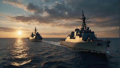 Military navy ships in a sea bay at sunset