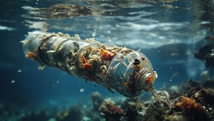 Wall Mural -  Plastic remains in water polluted ocean ecologic concept water pollution  Environmental day