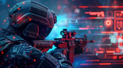 Wall Mural - games of soldiers with weapons in real first person with neon lights
