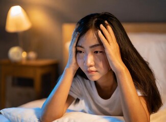 Sticker - Asian brunette young woman/girl, holding her head because of a headache. Tired at night in bed with sad face. Depression, anxiety concept.