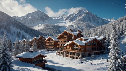 ski resort in the mountains, winter forest with a snow covered mountain in background