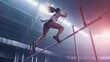 beautiful woman doing a pole vault in a training stadium with lights and smoke in high resolution