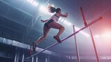 Fototapeta Sport - beautiful woman doing a pole vault in a training stadium with lights and smoke in high resolution