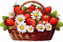 a basket of strawberries and daisies