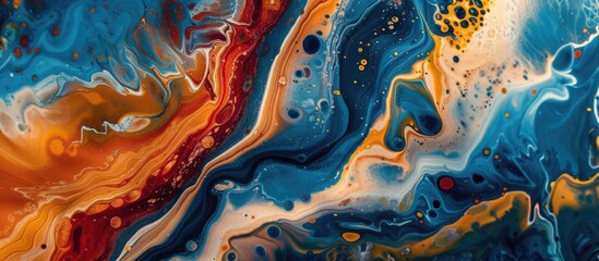 Wall Mural - This high-quality close-up showcases an abstract painting with vibrant shades of blue, orange, and yellow. The painting is displayed on a natural brown marble slab, drawing attention to the intricate