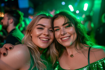 Two smiling young Irish women are taking a selfie in a nightclub on St. Patrick's Day. Happy girls having fun in party