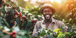 Farmer or picker working on his coffee farm. Local black man smiling, red berries growing on bushes near. Generative AI