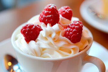 Wall Mural - Dessert in cup topped with fluffy vanilla-flavored whipped cream and fresh raspberries. Chantilly or Clotted Cream