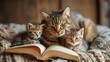 Mother cat and two cute kittens with a book in bed