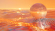 Explore a calming scene with a glass sphere over data waves in warm hues. Lights symbolize data nodes, creating a captivating information landscape.