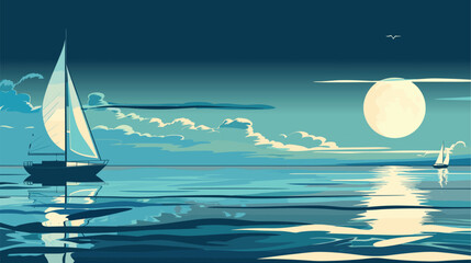 Ocean Sea surface, yacht. Vector illustration, cartoon seascape or waterscape