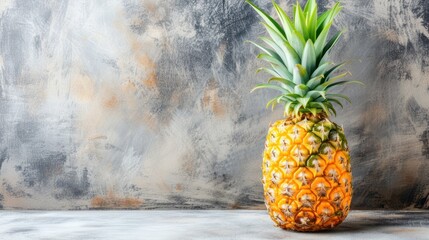 a pineapple sitting on top of a table next to a gray wall with a plant growing out of it.