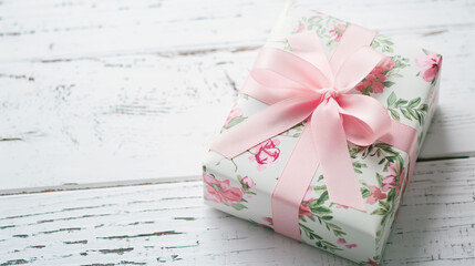 Wall Mural - from above view of Floral pattern gift box tied with pink ribbon on wooden background