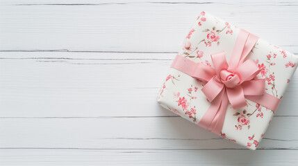 Wall Mural - top view of Floral pattern gift box tied with pink ribbon on wooden background