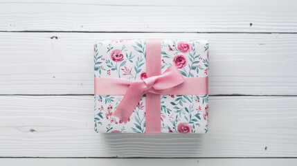 Wall Mural - top view of Floral pattern gift box tied with pink ribbon on wooden background