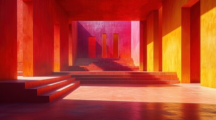 Poster - a long hallway with red and yellow columns and steps leading up to the top of the stairs and the bottom of the stairs.