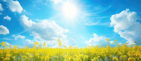 Wall Mural - A vibrant wide field filled with blooming rapeseed flowers stretches out under a brilliant blue sky. The yellow flowers create a captivating display in the open landscape.