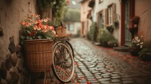 A Bicycle Parked On A Cobblestone Street With A Basket Full Of Flowers On The Front Of The Bike.
