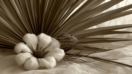 Sticker - a white flower sitting on top of a bed next to a large palm frond on top of a white sheet.