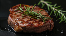 Grilled ribeye beef steak with rosemary on a black background. Generative Ai