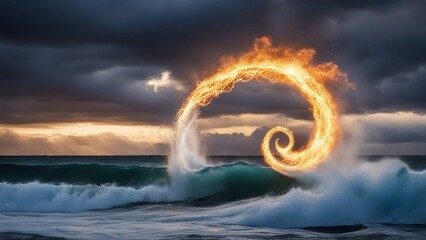Wall Mural - burning sign in water A creation of natures force with five elements of nature air water sea fire 