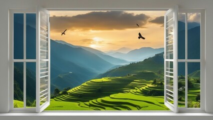 Wall Mural - view from the window _ A landscape nature view background with a window frame. The window is open and lets in fresh air  
