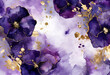 Elegant purple flowers with gold glitter elements on alcohol ink background