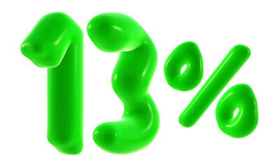 13 percent with green color isolated on transparent background for sale, discount, promotion and business concept 