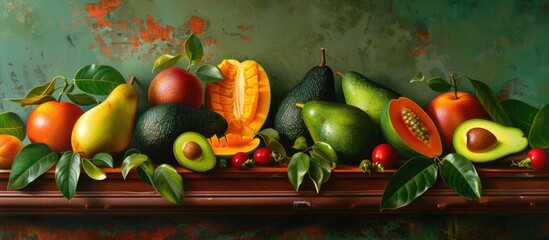 Poster - This painting depicts a colorful arrangement of mangoes and avocados on a table. The fruits are ripe and inviting, creating a lively yet tranquil scene.
