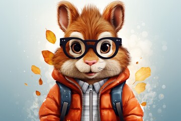  A cartoon squirrel wearing a pair of glasses and a fashionable jacket. The squirrel looks trendy and smart in its outfit, exuding a sense of sophistication and intelligence