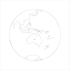  Political map of Australia. Thin black outline map with country name labels on white background. Ortographic projection. Vector illustration