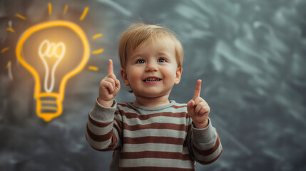 Closeup of a cute little toddler boy with curious and thoughtful face expression. Male child standing in front of the green blackboard with question mark drawings.Thinking of an idea,lightbulb glowing