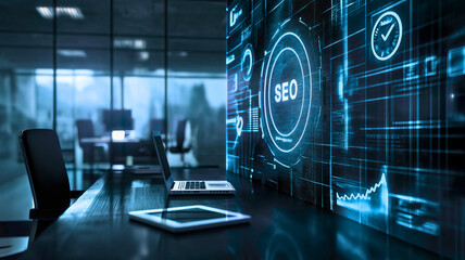 seo or search engine optimization virtual letters on the digital hologram blue screen in empty moder