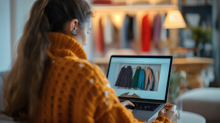 Wall Mural - Rearview of a young woman sitting on the gray couch or sofa in the living room of her house or home interior, looking at the laptop or notebook device display screen, buying clothes online, searching