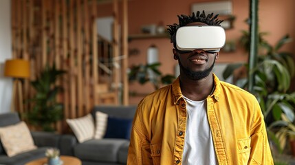 Poster - virtual reality glasses young businessman in startup office for metaverse meeting