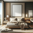 © Frank - Morning Light Sunlight Contemporary Home or Hotel Spacious Wood Paneling Bedroom Interior Haven with Bed Unmade, Blankets, Mattress, & Pillows with White Picture Frame Mockup Above the Bed. End Tables