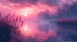 an art print of a painting of a lake and vegetation on, in the style of soft gradients, romantic illustration, light violet, 8k resolution, fictional landscapes, smokey background, light red and sky-b