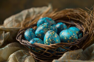 An enchanting close-up of a collection of blue Easter eggs adorned in golden floral patterns nestled in a rustic w