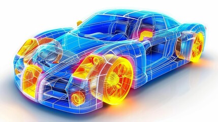 Poster - futuristic electric car surrounded by holographic wireframe digital technology background