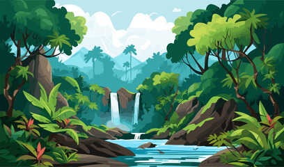 Wall Mural - lush rainforest with waterfall vector simple 3d isolated illustration