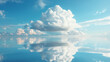 Blue sky with white clouds reflected in water. 3D illustration.