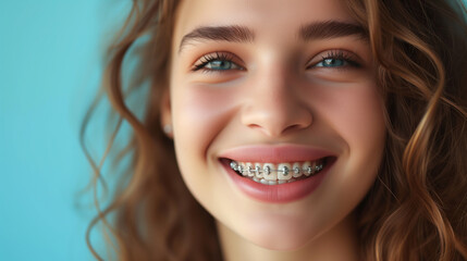 Wall Mural - Young girl with braces on her teeth. Smiling with open mouth.