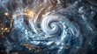 Stormy cyclone swirling, Typhoon, Hurricane near coastal, catastrophe, seen from space.